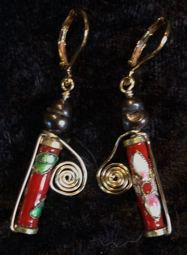 Vermeil with Antique Cloisonne and Pearls Leverback Earrings