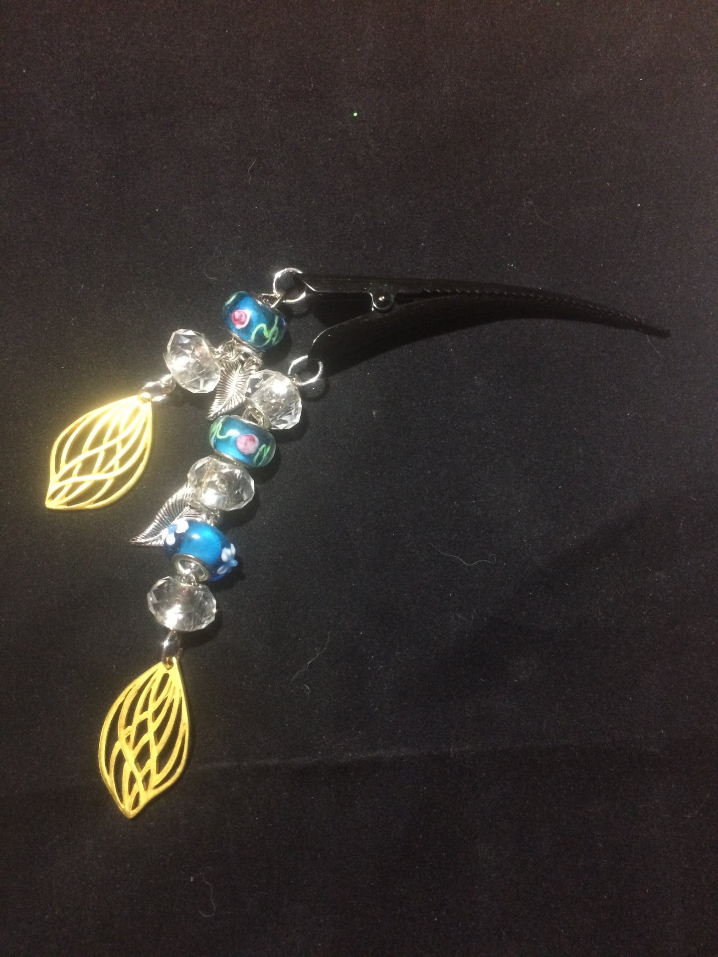 Glass Bead and Leaf Dangly Steel Hair Clip - Green