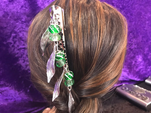 Green Glass Bead and Drop Leaves Dangly Jumbo Steel Hair Clip