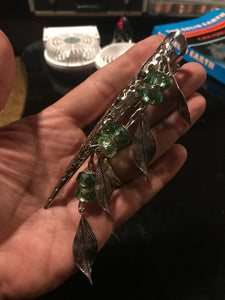 Green Glass Bead and Drop Leaves Dangly Jumbo Steel Hair Clip