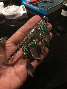 Green Glass Bead and Drop Leaves Dangly Jumbo Steel Hair Clip