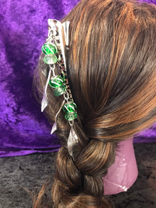 Green Glass Bead and Drop Leaves Dangly Jumbo Steel Hair Clip