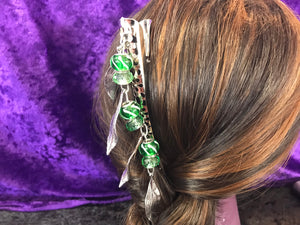 Green Glass Bead and Drop Leaves Dangly Jumbo Steel Hair Clip