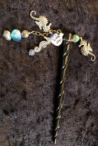 Seahorses and Blue Beads Dangly Carved Black Hair Stick
