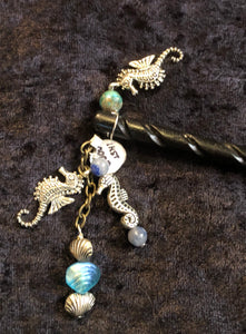 Seahorses and Blue Beads Dangly Carved Black Hair Stick