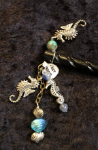 Load image into Gallery viewer, Seahorses and Blue Beads Dangly Carved Black Hair Stick