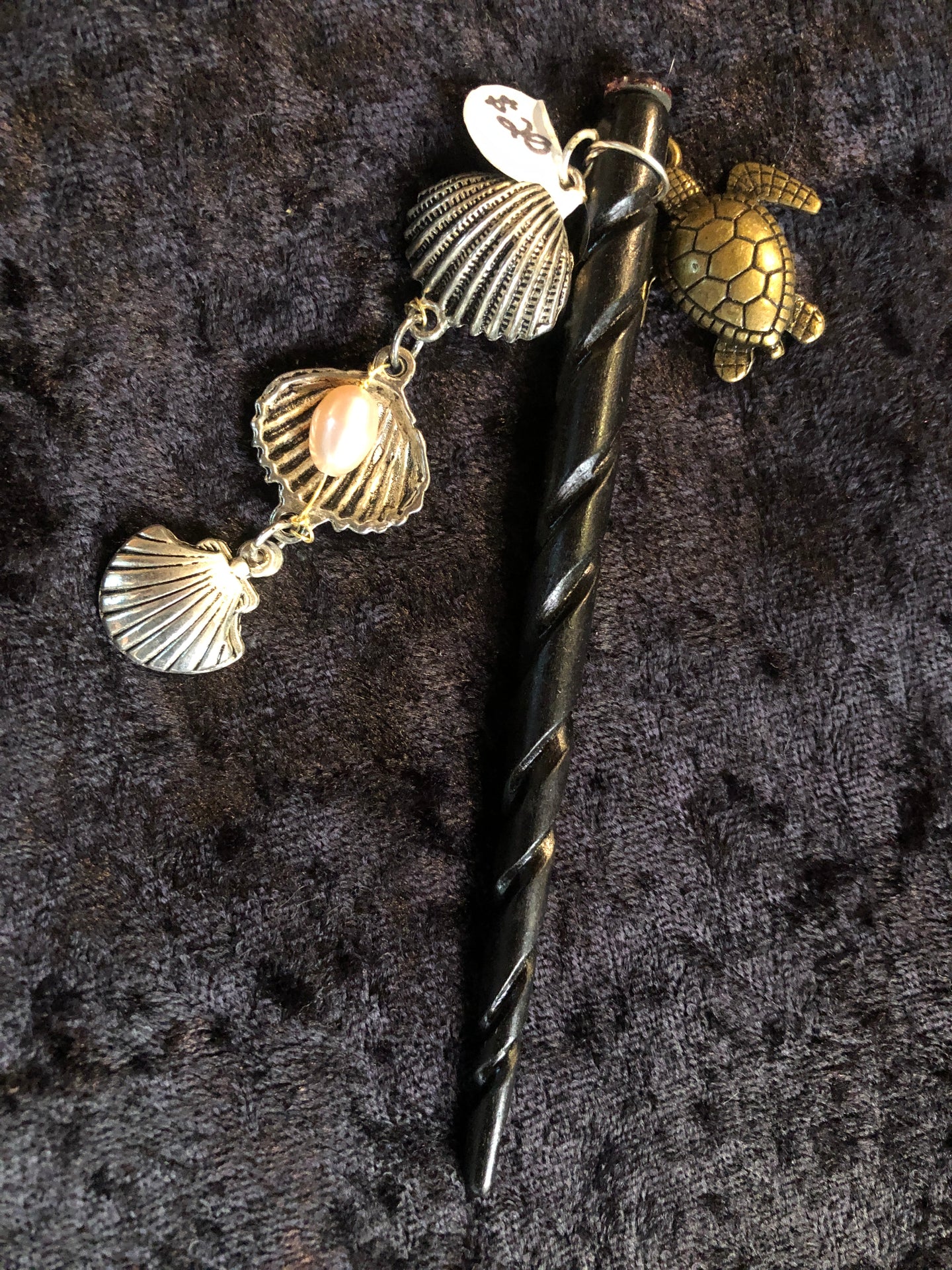 Pearls in the Seashell Dangly Wooden Hair Stick - Black