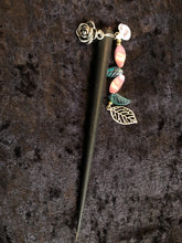 Load image into Gallery viewer, Roses and Czech Glass Leaves Dangly Wooden Hair Stick - Black
