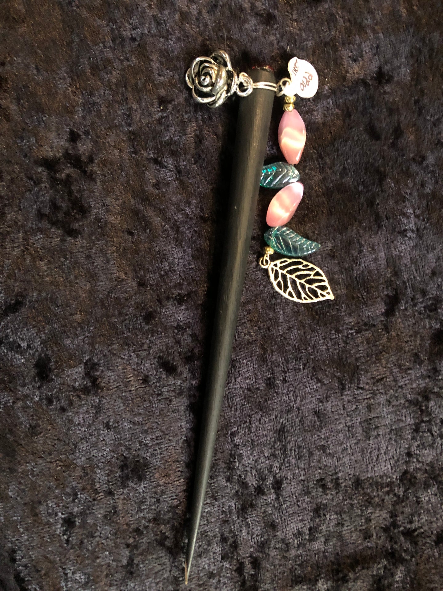 Roses and Czech Glass Leaves Dangly Wooden Hair Stick - Black