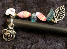 Load image into Gallery viewer, Roses and Czech Glass Leaves Dangly Wooden Hair Stick - Black