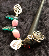 Load image into Gallery viewer, Roses and Czech Glass Leaves Dangly Wooden Hair Stick - Black