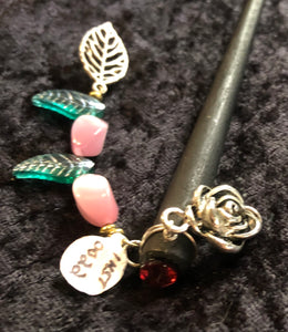 Roses and Czech Glass Leaves Dangly Wooden Hair Stick - Black