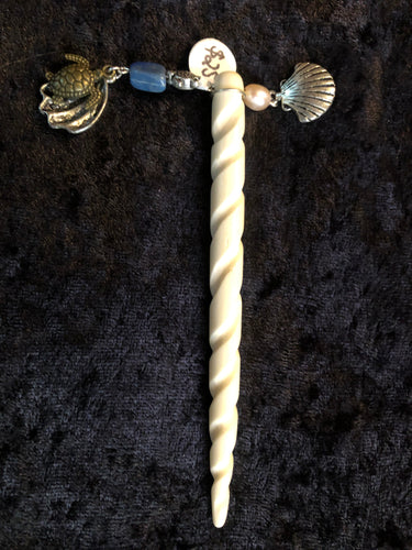 Sea Turtle with Lapis Dangly White Spiral Hair Stick