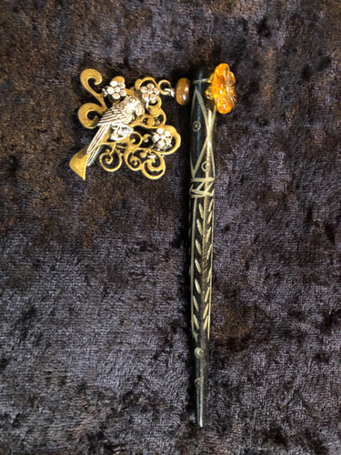 Parrots in the Tree Black Carved Bone Hairstick