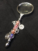 Load image into Gallery viewer, Cat charms dance under the moonlight against a backdrop of blown glass beads on the handle of this magnifying glass.