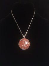 Load image into Gallery viewer, This tree of life uses the inclusive rainbow as the color theme made with glass seed beads on fine silver wire on a silver chain. The background is a 30mm cabochon of lab created sunstone in gold.