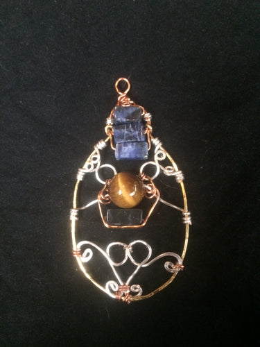 Sodalite and Tiger's Eye Multi-Metal Wire Wrap Teardrop Pendant