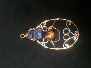 Sodalite and Tiger's Eye Multi-Metal Wire Wrap Teardrop Pendant