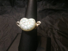 Load image into Gallery viewer, A 17x13mm cardoid shaped lampworked glass bead is set with opposing swirls onto this silver plated copper wire wrapped ring. Rings made by this wire wrapping method vary individually. This one is approxmately a size 6.