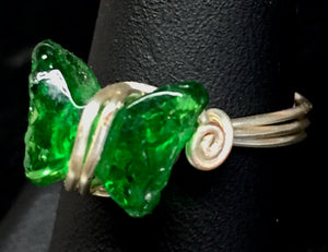 Green Glass Butterfly Silver Plated Copper Wire Ring