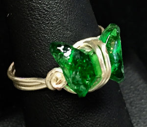 Green Glass Butterfly Silver Plated Copper Wire Ring