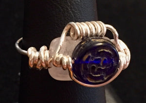 Cherry Quartz with Silver Coils and Blue Glass Fine Silver Wire Wrapped Ring