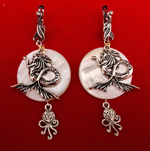 Athletic Mermaid with Octopus Paua Shell Leverback Earrings